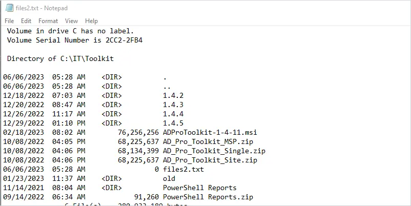 dir output redirected to a text file saved in the current directory