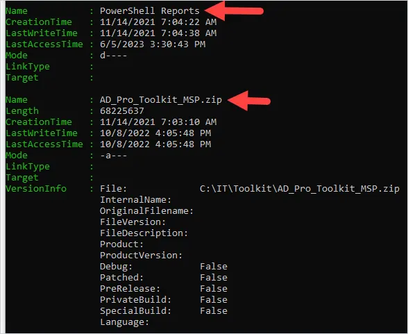 Get-ChildItem piped to Format-List showing the full detail for each item