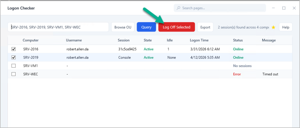 Toolkit listing active sessions across computers with a log off option