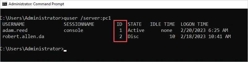 quser output listing the sessions and session IDs on a remote computer