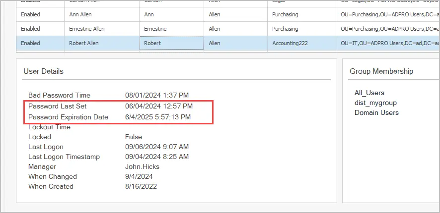 User details box showing account status and password expiration information