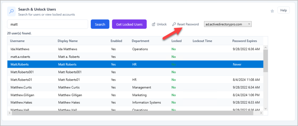 AD Pro Toolkit password reset tool with an account selected and Reset Password