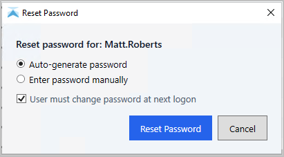 Toolkit reset password dialog with the option to require a change at next logon
