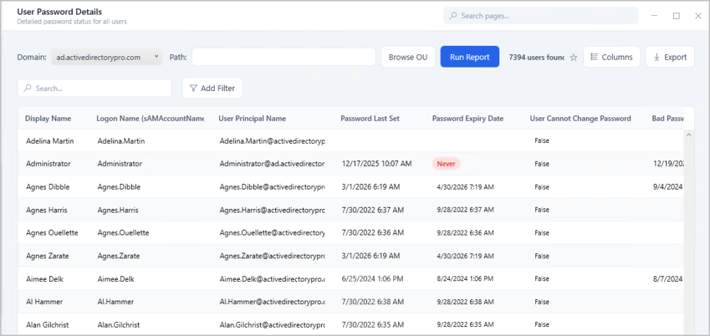 Password expiration date report listing every user and their expiration date