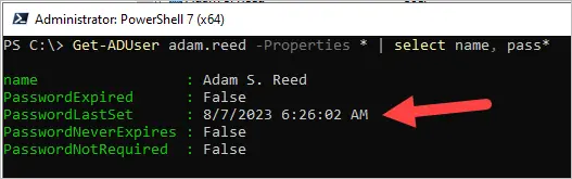 Get-ADUser output showing the updated PasswordLastSet date