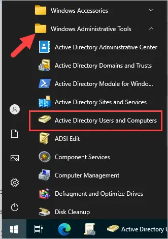 Windows Administrative Tools folder with Active Directory Users and Computers listed
