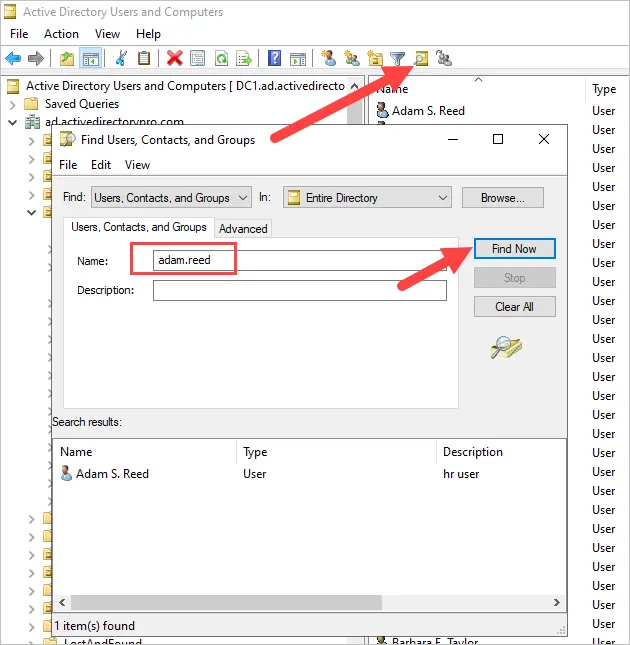 ADUC Find Users dialog with a name entered and the account in the results