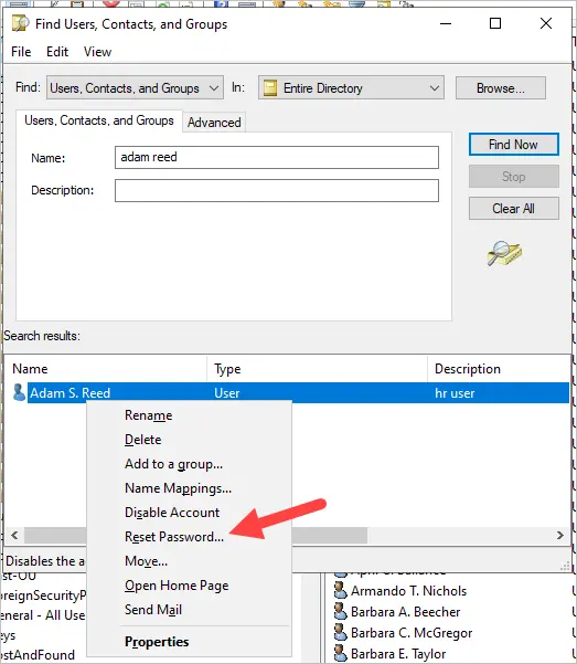 User account right clicked in ADUC with Reset Password selected