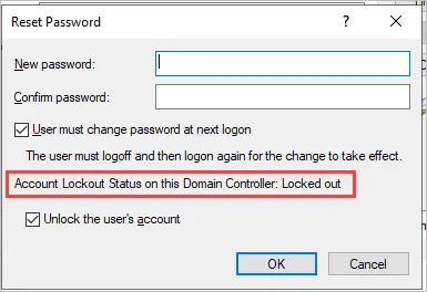 Reset Password box showing that the account is currently locked out