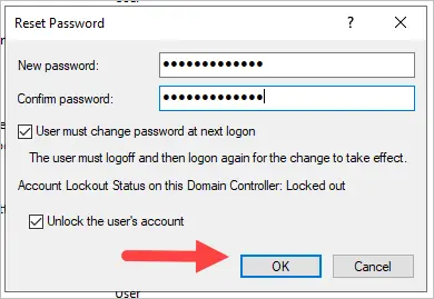 Reset Password box with the new password entered and confirmed