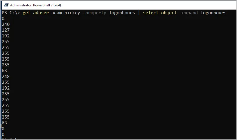 PowerShell returning the logonHours byte values from a template user
