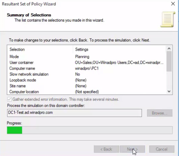 Summary page of the RSoP planning wizard before it generates the simulation