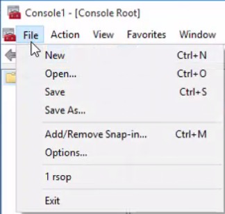 MMC File menu with Add/Remove Snap-in selected