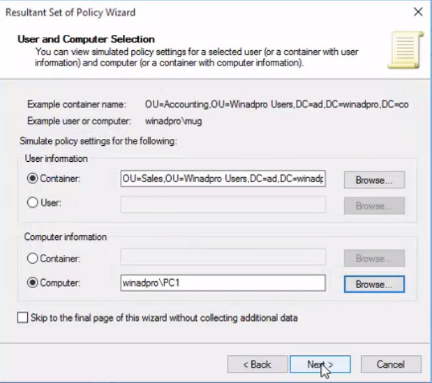 Planning mode wizard with a container chosen for the user and a computer selected
