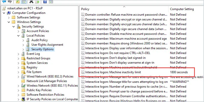 RSoP report showing the machine inactivity limit applied with a value of 1800 seconds