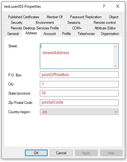 ADUC Address tab with each field labelled with its LDAP attribute name