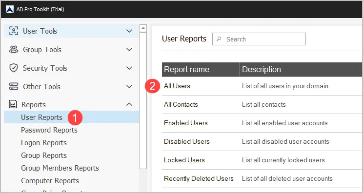 AD Pro Toolkit User Reports menu with the All Users report selected