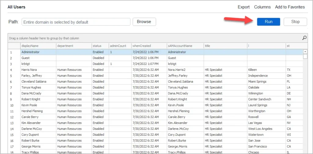 Report results listing each user with the selected attribute columns