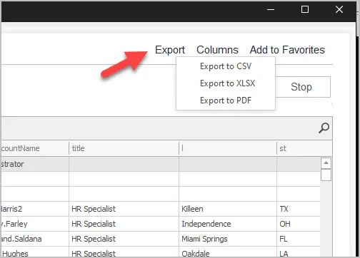 Export menu offering the available formats for the attribute report