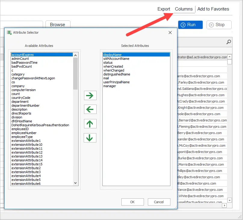 Column picker for adding and removing user attributes from the report