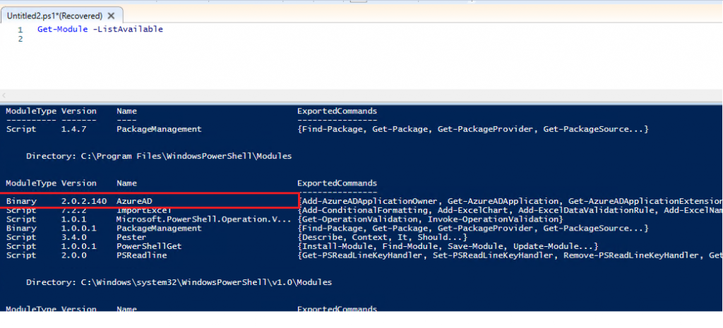 Get-Module ListAvailable output with the newly installed module listed