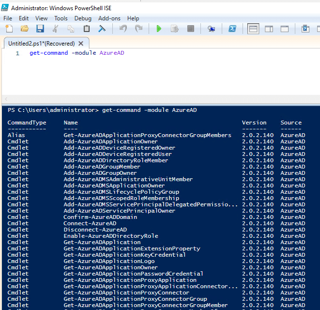 Get-Command output listing the cmdlets the module provides