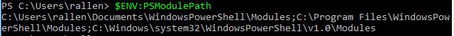 PowerShell output listing the module paths held in the PSModulePath variable