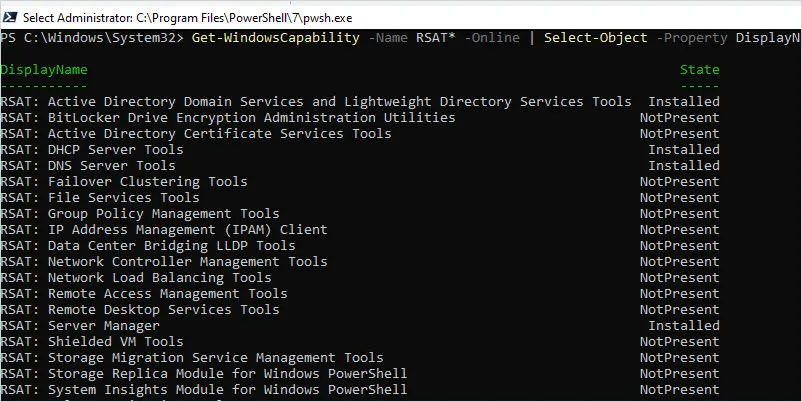 Get-WindowsCapability output listing each RSAT tool and whether it is installed