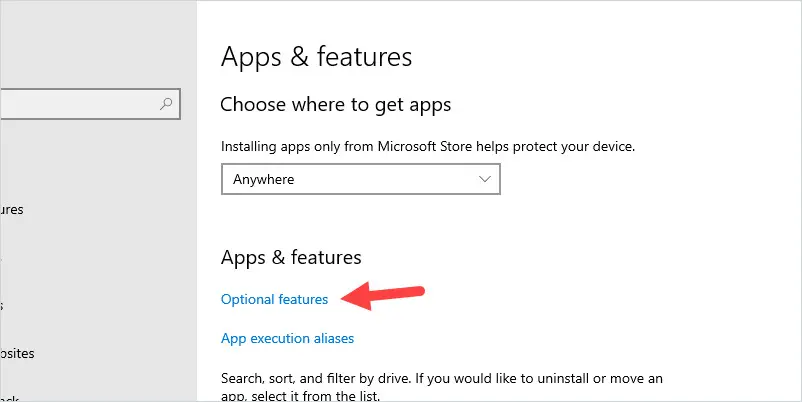 Windows 10 Apps and features settings with Optional features selected