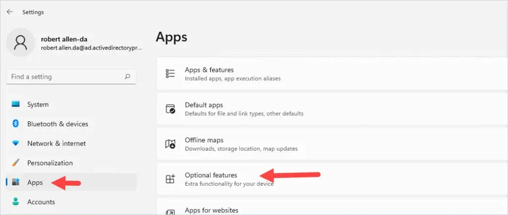Windows 11 Apps settings with Optional features selected