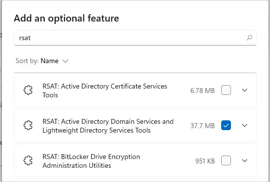 Feature search for rsat with the Active Directory Domain Services tool checked