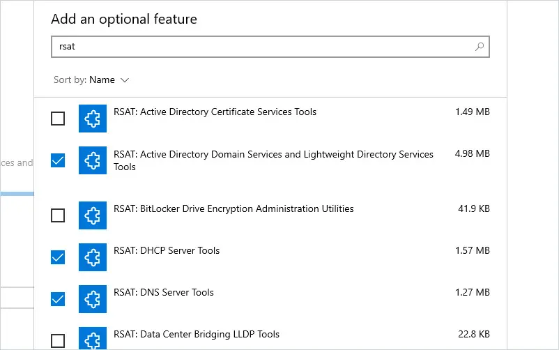 Add an optional feature search for rsat with the AD, DHCP, and DNS tools checked