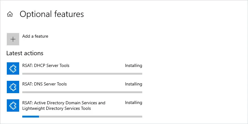 Optional features list showing the RSAT tools with a status of Installed