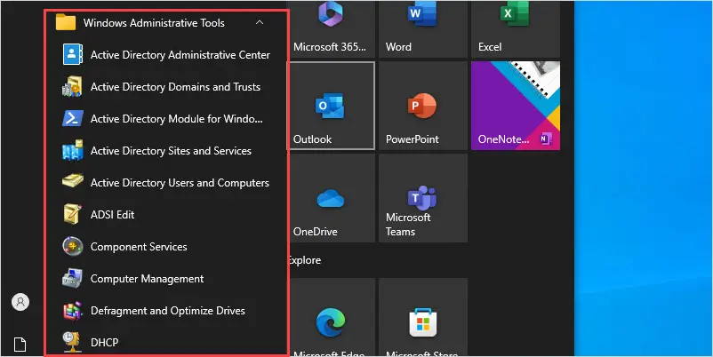 Start menu Windows Administrative Tools folder listing the installed RSAT consoles