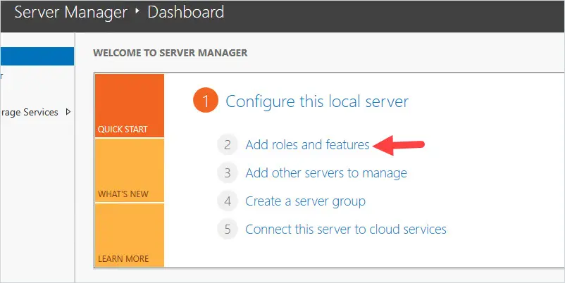 Server Manager with Add roles and features selected from the Manage menu