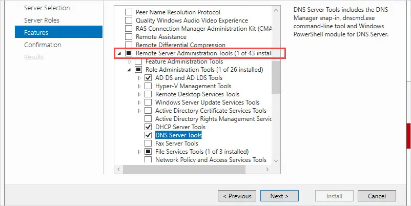 Features page expanded to Remote Server Administration Tools with tools selected