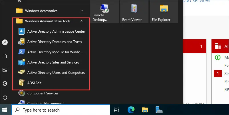 Windows Administrative Tools on the server after the RSAT features install
