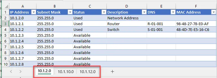 Workbook tabs holding each VLAN and subnet for a single network