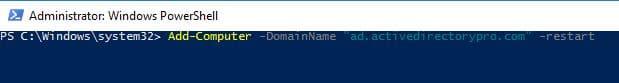 Add-Computer run with the domain name and restart switch