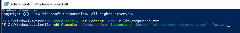 Add-Computer reading the computer names from the text file variable