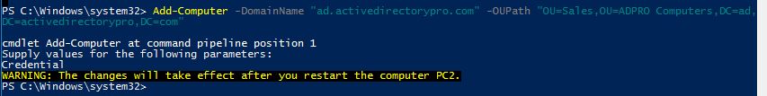 Add-Computer run with the OUPath parameter set to the target OU