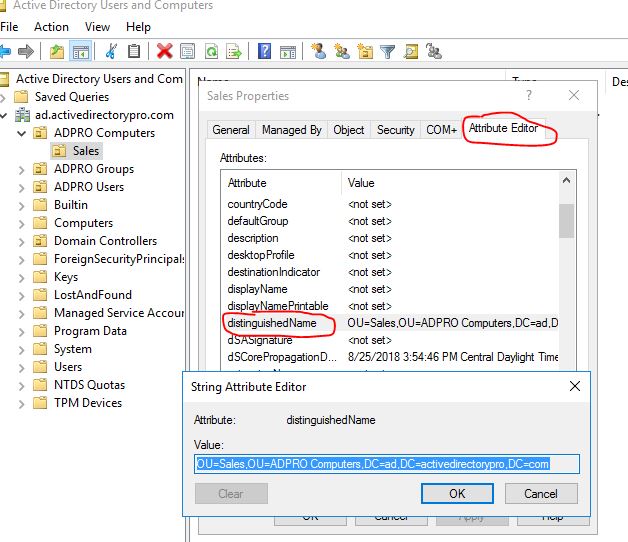 Attribute editor showing the distinguishedName value of the target OU