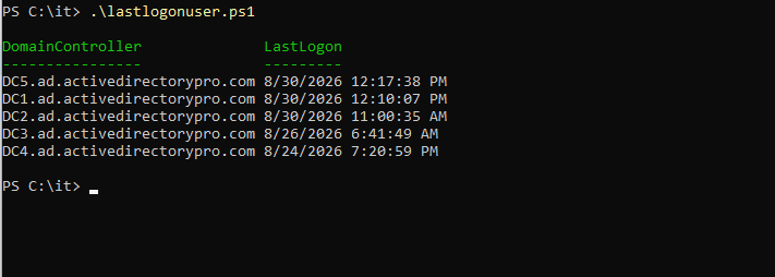 Script output listing five domain controllers, each with a different LastLogon value