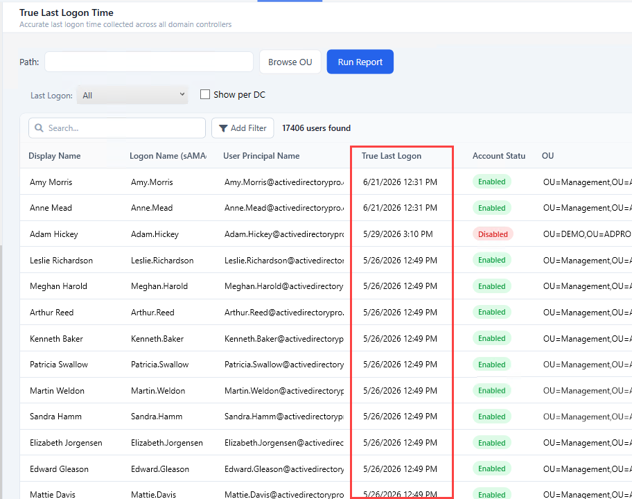 AD Pro Toolkit showing the true last logon time for every user in the domain