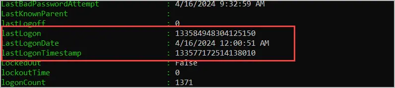 PowerShell output showing the lastLogon, lastLogonTimestamp and LastLogonDate properties