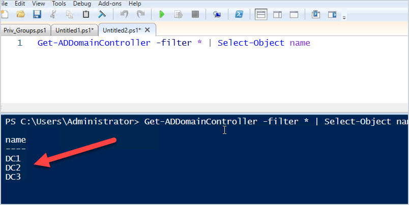 PowerShell output listing the name of each domain controller