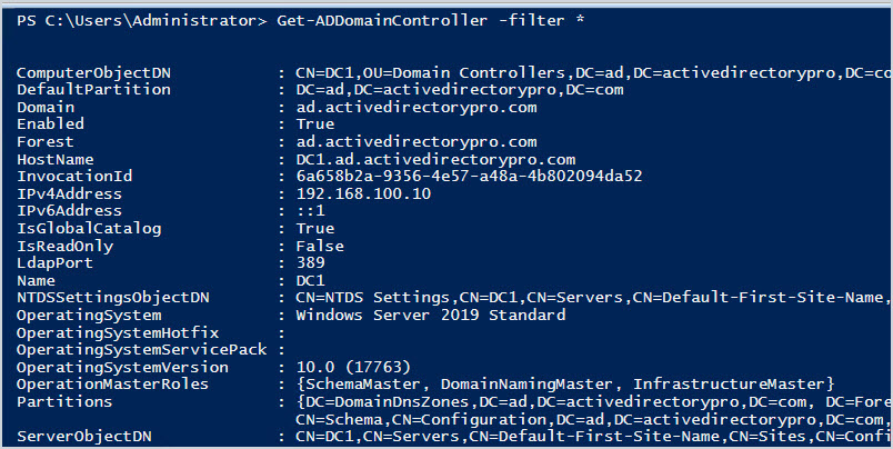 Full Get-ADDomainController output with domain, forest, and IP details