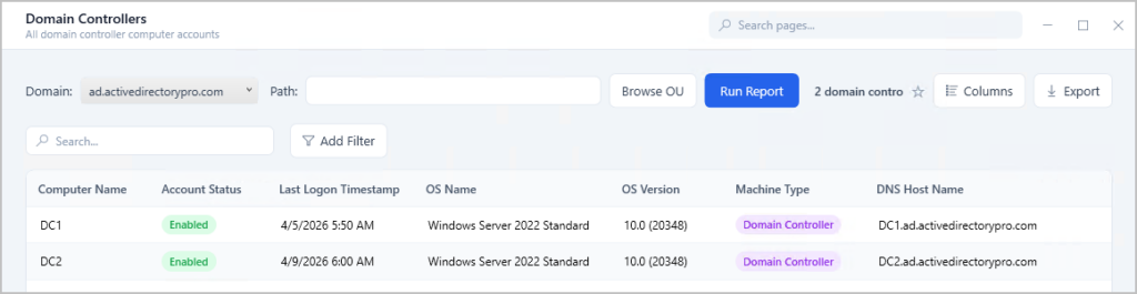 Domain controller report listing each DC with its status and OS version