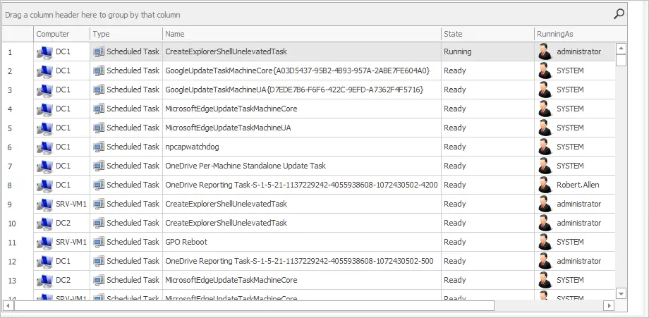 Scan results listing scheduled tasks and services from the selected computers
