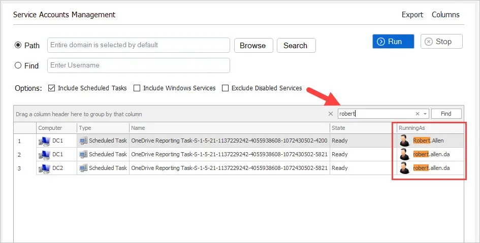 Report filtered by the Running As column to find tasks using one account
